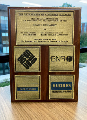 Plaque commemorating donations to the COAST lab. March 11, 1996. Donors were Sun Microsystems, BNR, Schulumberger, and Hughes Research Labs.